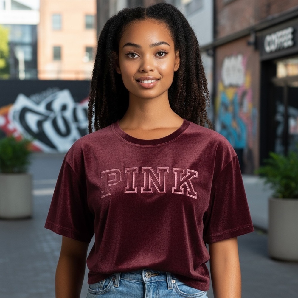 Pink Victorias Secret M Burgundy Velour Boxy Tee Embroidered Logo R $39